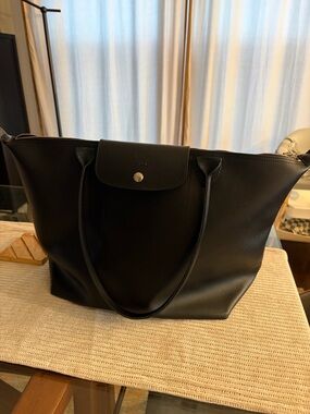 Longchamp Le Pliage Black Leather Tote Large